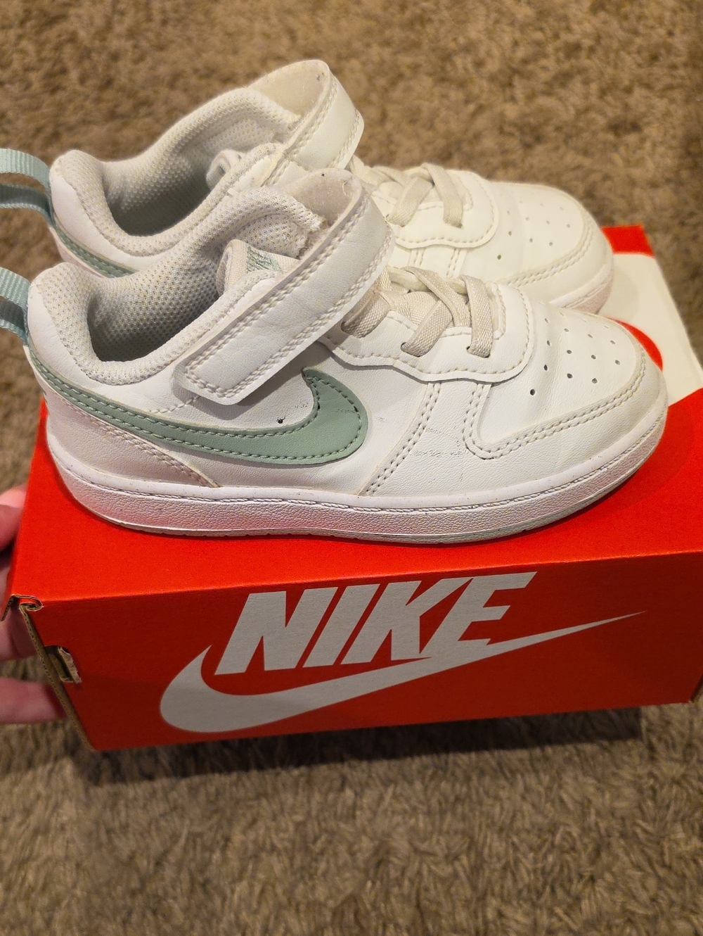 Nike Kids White Sneakers with Mint Green Swoosh